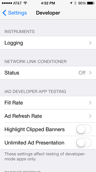 iOS 7 Settings: Developer