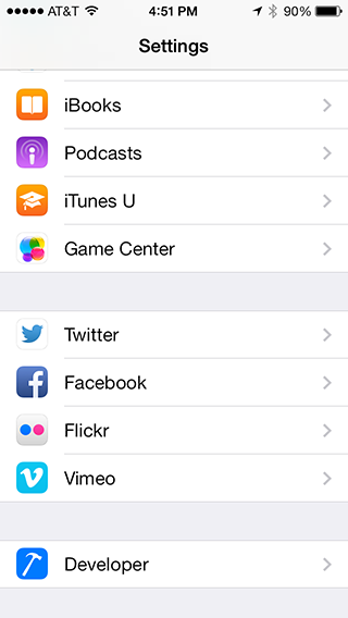 iOS 7 Settings: Developer Menu Option